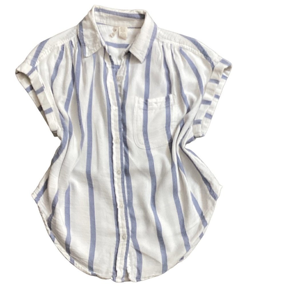 Japna Short Sleeve Button-Up Striped Shirt Cotton Rayon Sz S Blue & White 72L - Picture 2 of 7